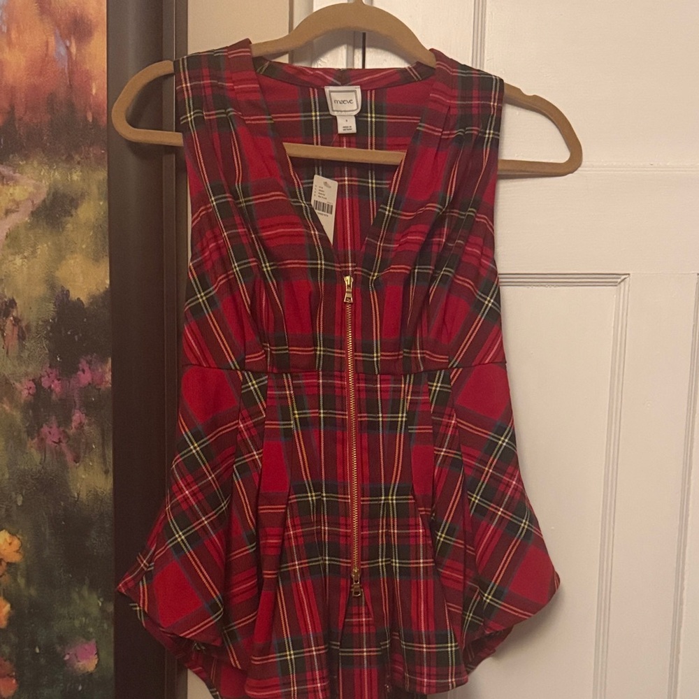 Maeve Red Plaid Zip-Front Peplum Top